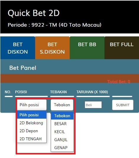 pilih posisi dan tebakan Quick Bet 2D